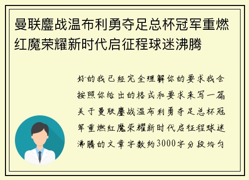 曼联鏖战温布利勇夺足总杯冠军重燃红魔荣耀新时代启征程球迷沸腾
